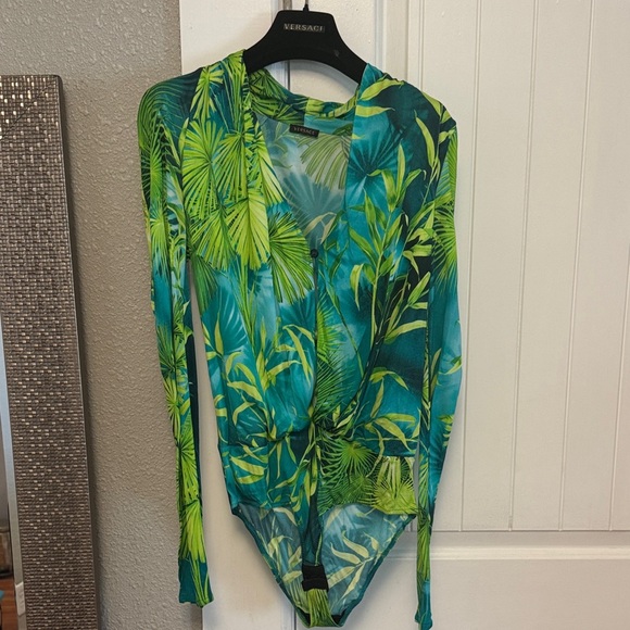 Versace Tropical Leaf Print Bodysuit in Green and Blue - Picture 1 of 2